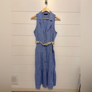 Zara Sleeveless Chambray Maxi Dress in Light Blue with Cream Braided Belt-